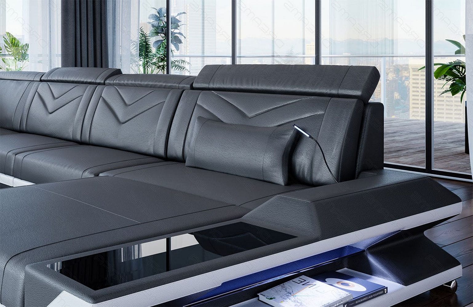 XXL Wohnlandschaft Napoli – Leder Luxus grau-weiß