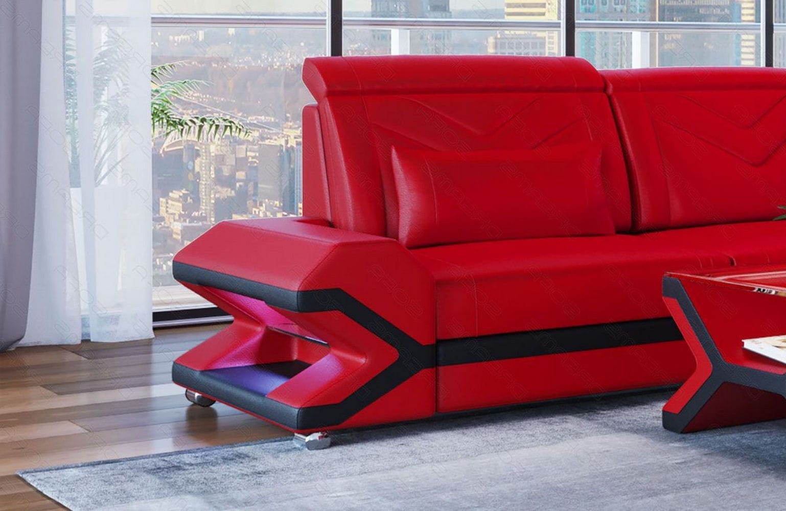 XXL Wohnlandschaft Napoli – Leder Luxus rot-schwarz