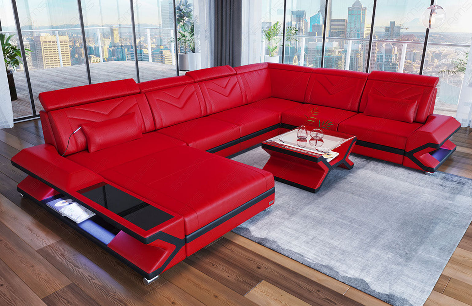 XXL Wohnlandschaft Napoli – Leder Luxus rot-schwarz