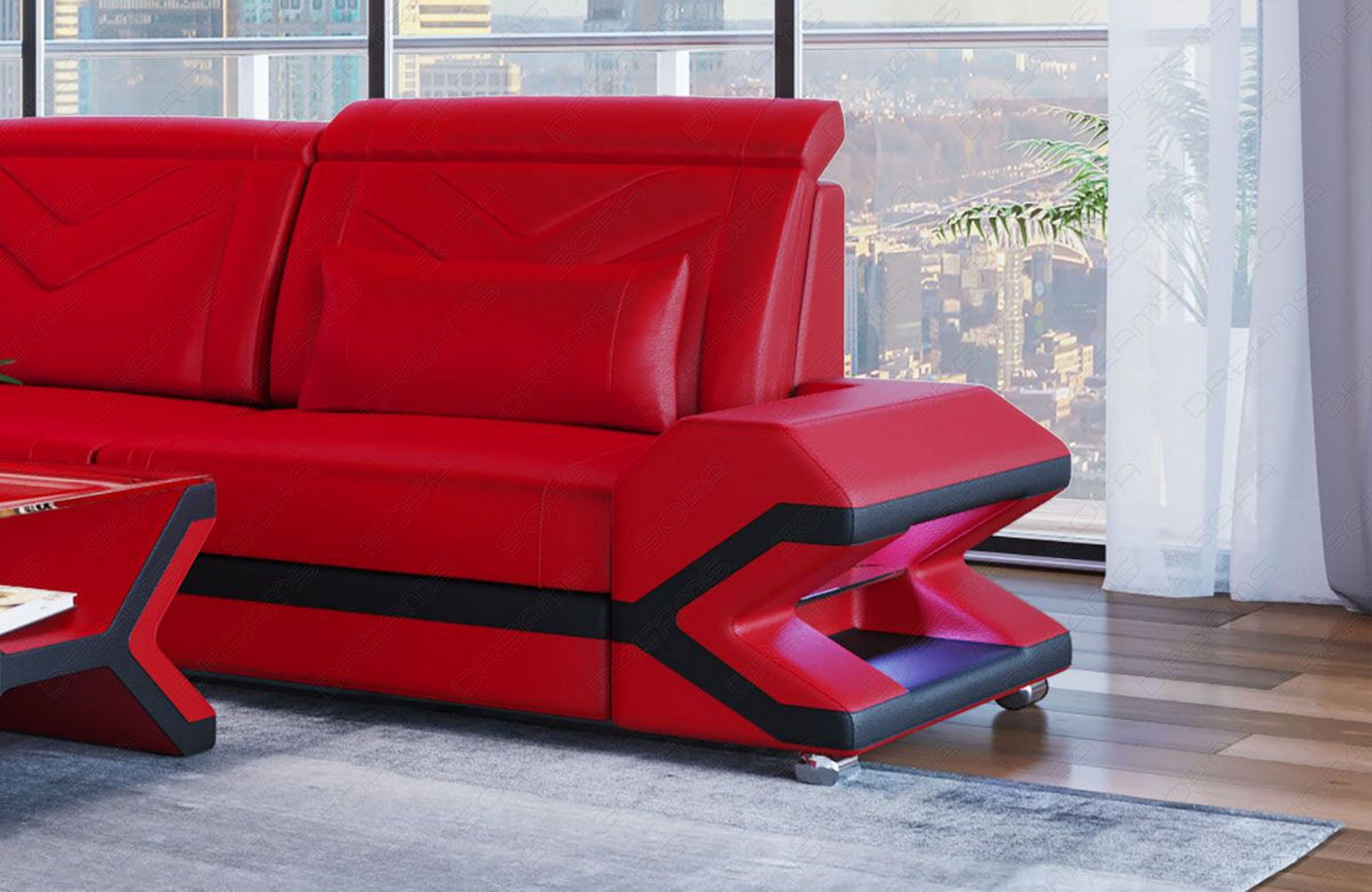 XXL Wohnlandschaft Napoli – Leder Luxus rot-schwarz