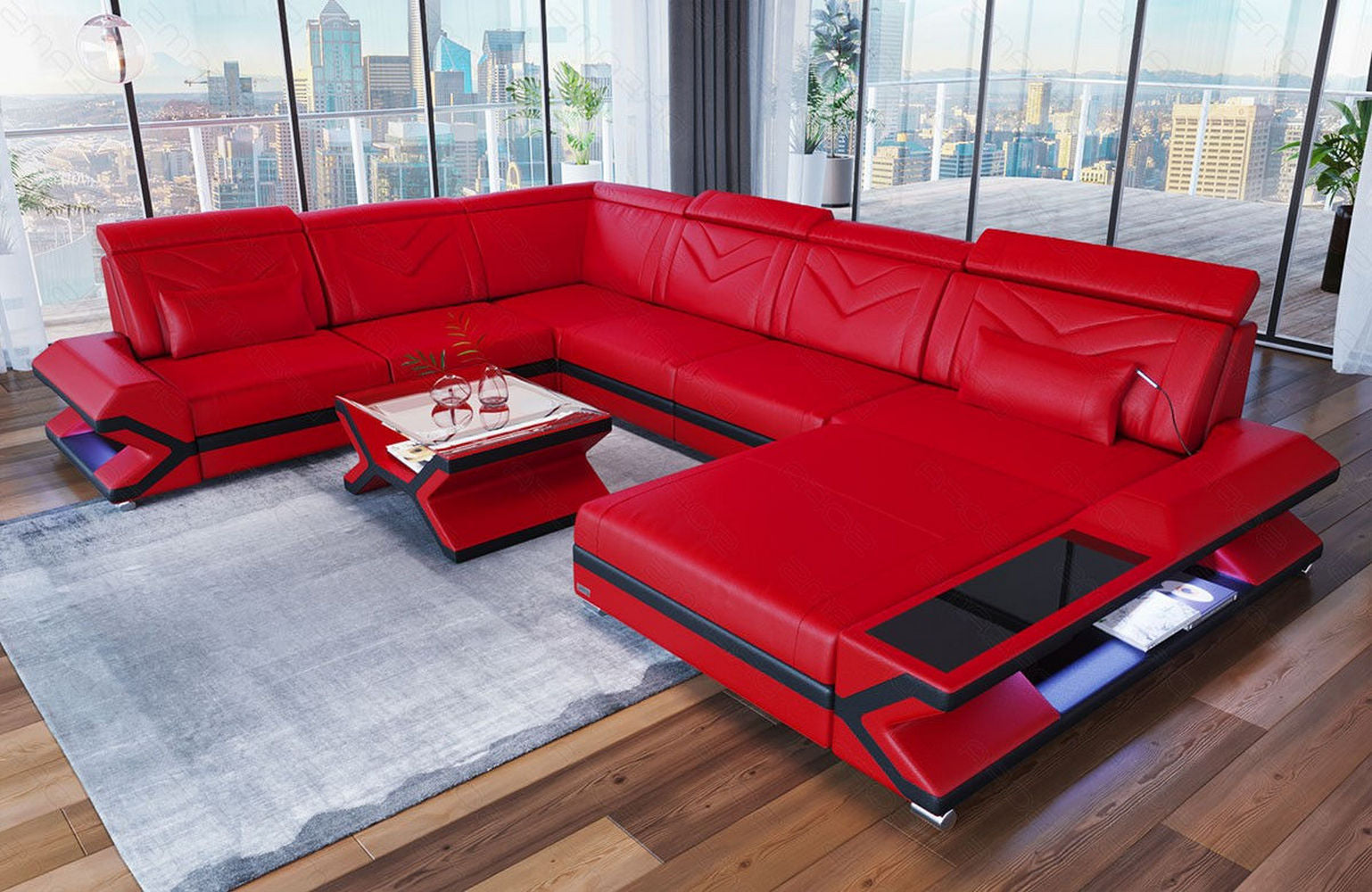 XXL Wohnlandschaft Napoli – Leder Luxus rot-schwarz