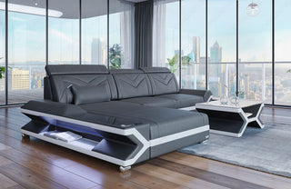 Mini Ecksofa Napoli L-Form aus Leder Grau-Weiß