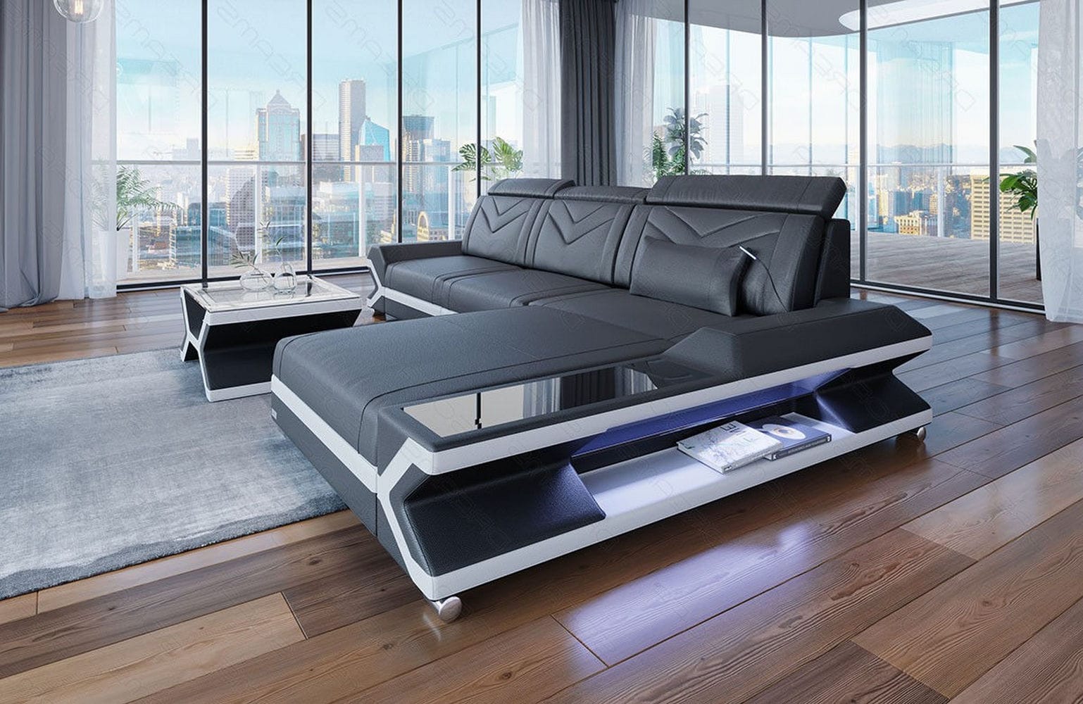 Ecksofa Napoli aus Leder – Komfort & Stil grau-weiß