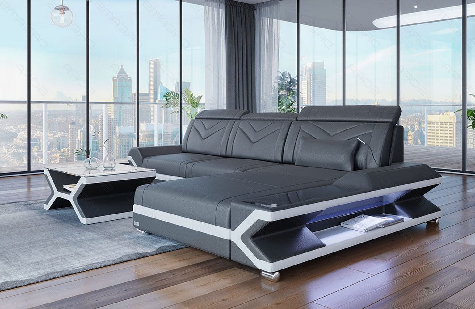 Ecksofa Napoli aus Leder – Komfort & Stil grau-weiß