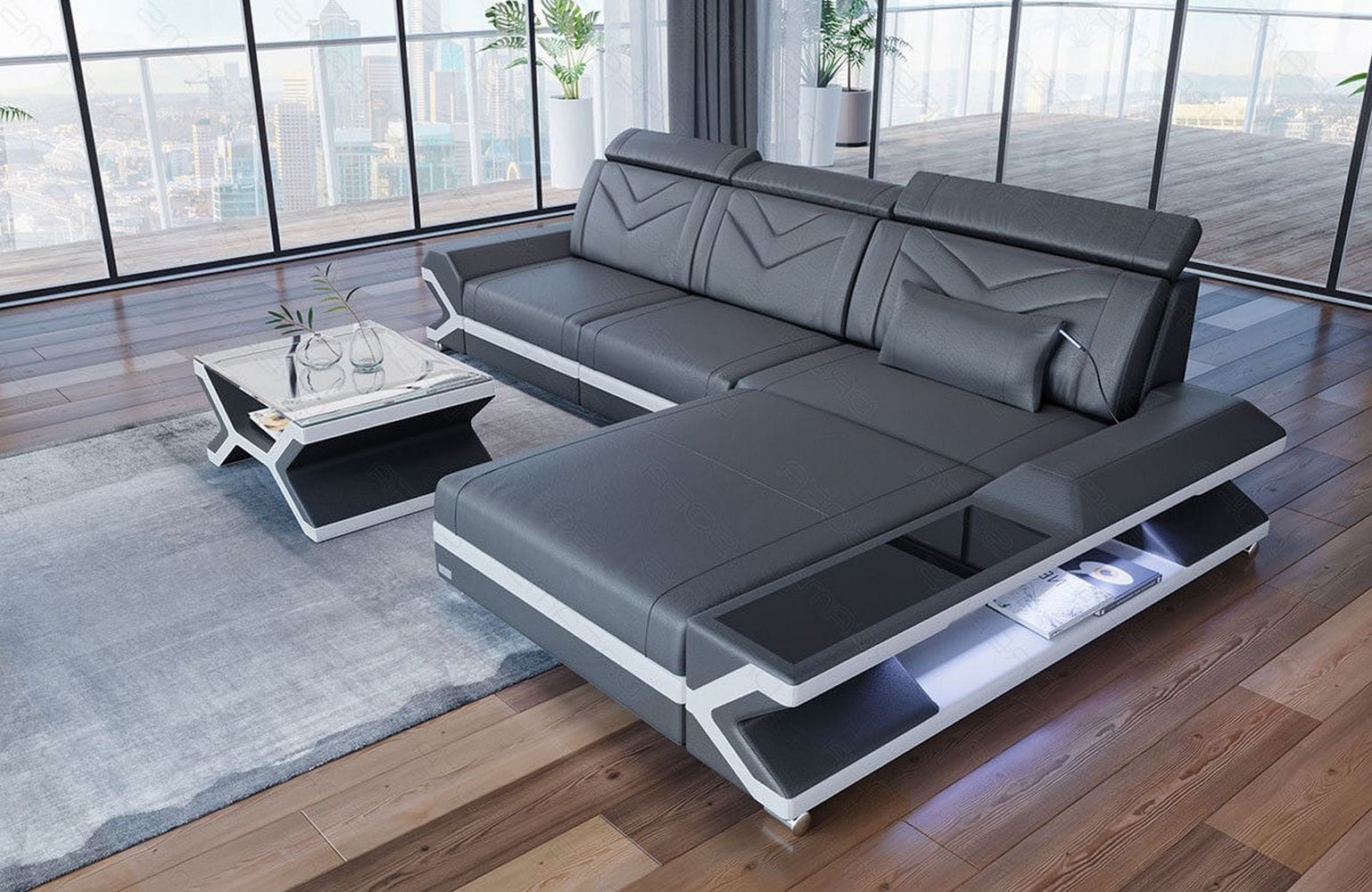 Ecksofa Napoli aus Leder – Komfort & Stil grau-weiß