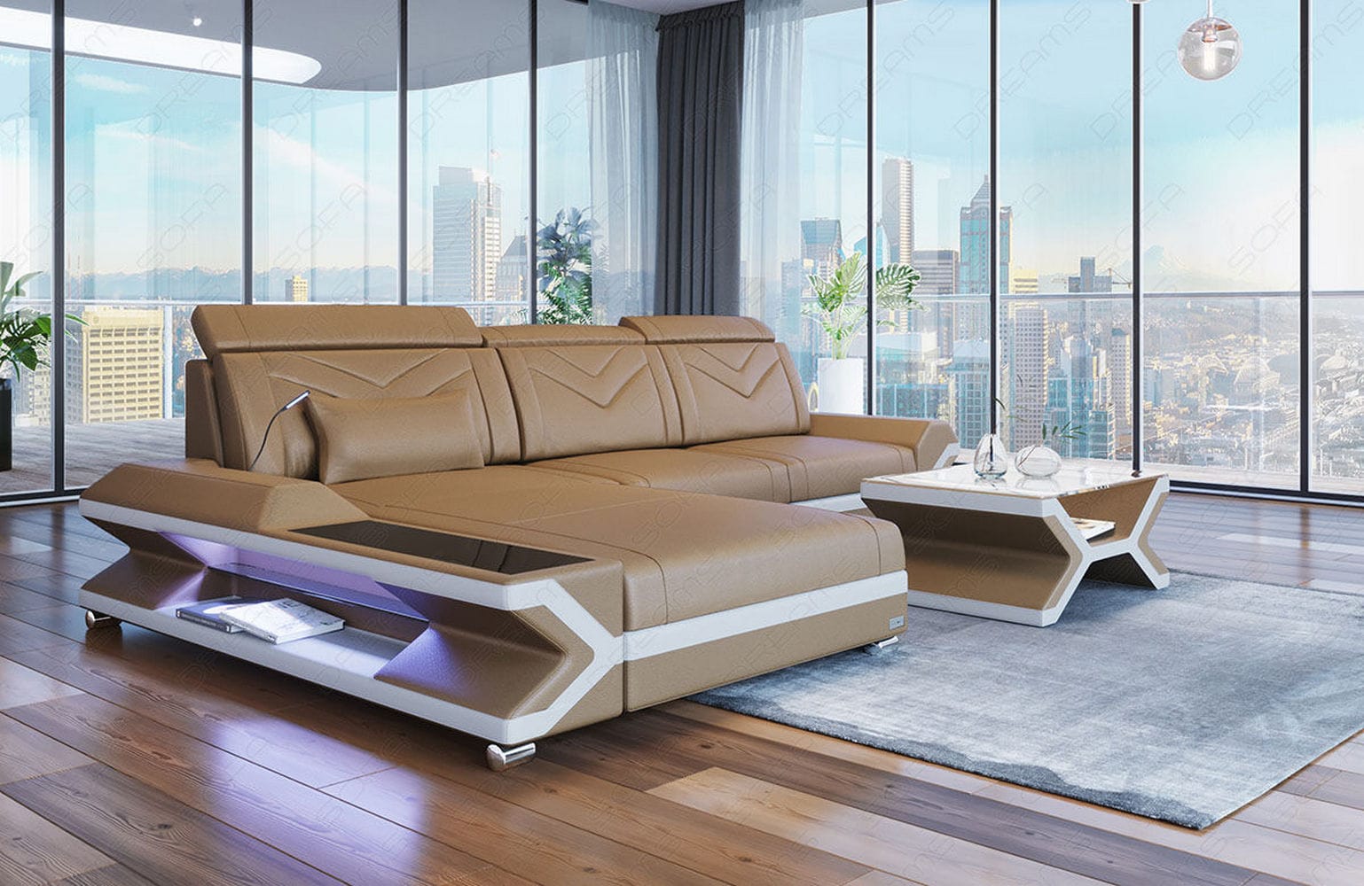 Ecksofa Napoli aus Leder – Komfort & Stil sandbeige-weiß
