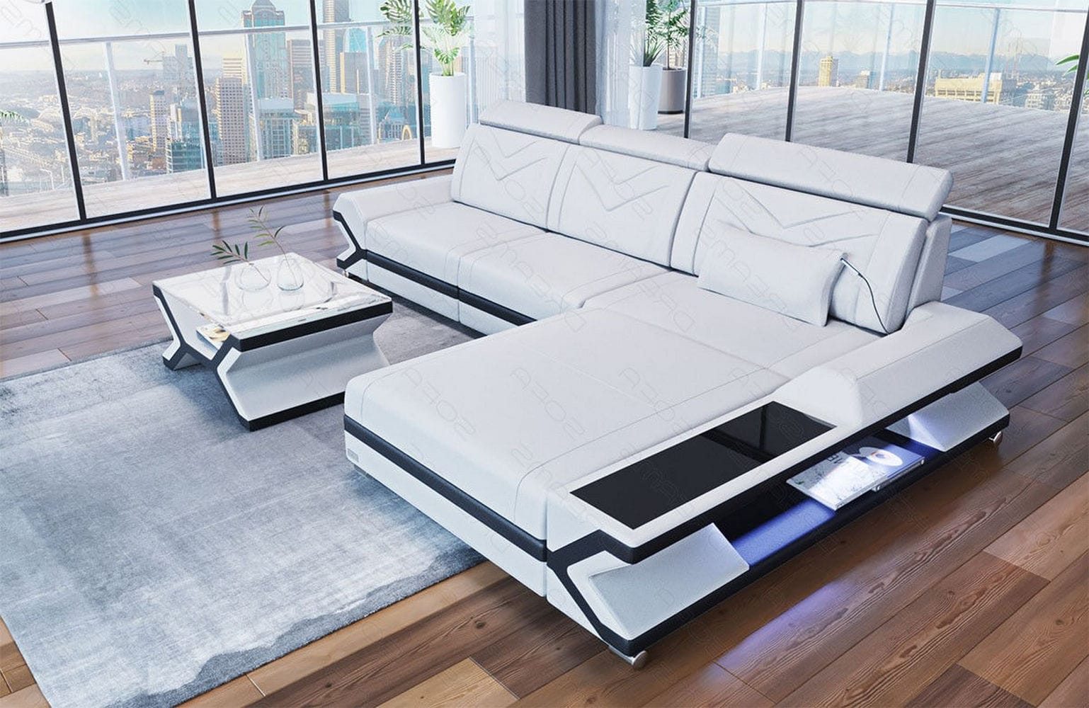 Ecksofa Napoli aus Leder – Komfort & Stil weiß-schwarz