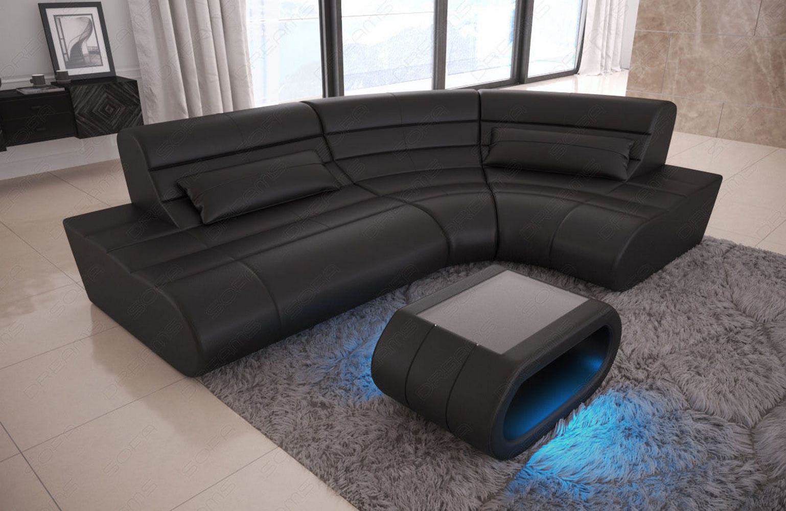 Leder Sofa Concept Kompakt mit LED Beleuchtung schwarz