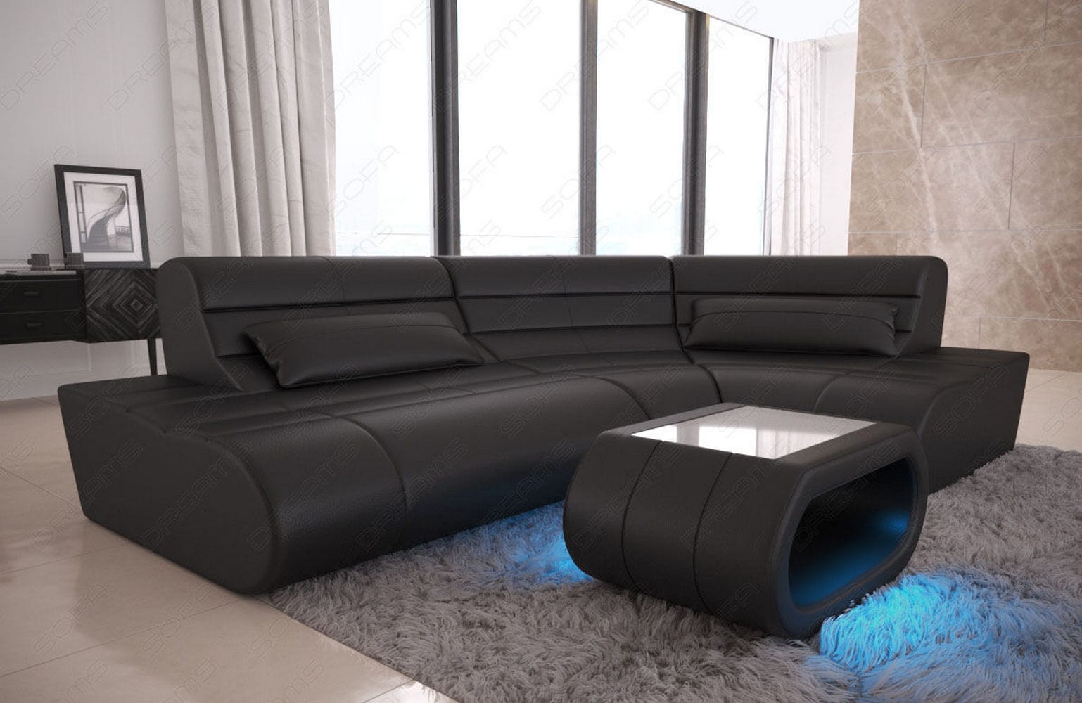 Leder Sofa Concept Kompakt mit LED Beleuchtung schwarz