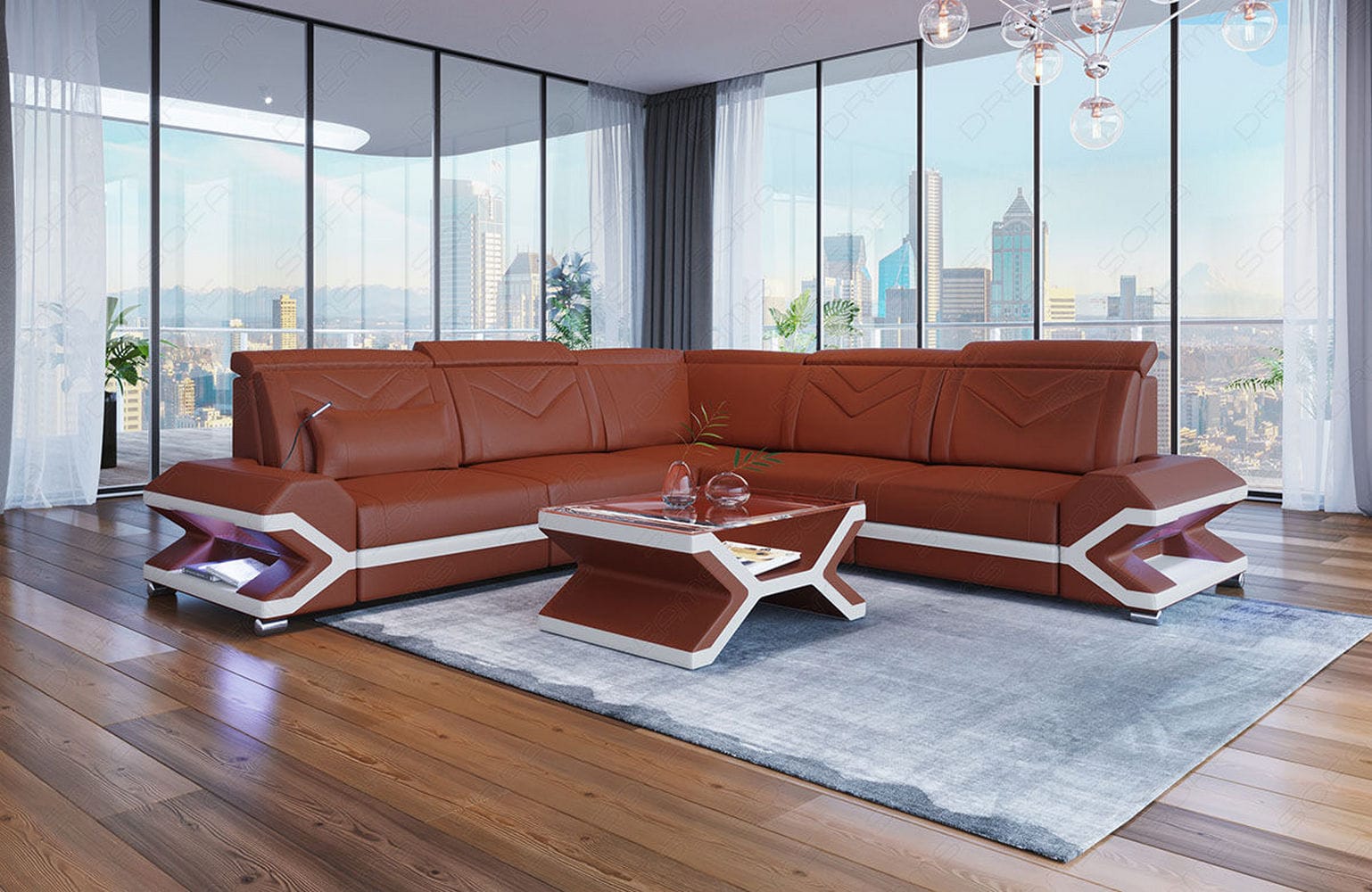 Mini Ecksofa Sorrento – Stilvolles Ledersofa Hellbraun-Weiß