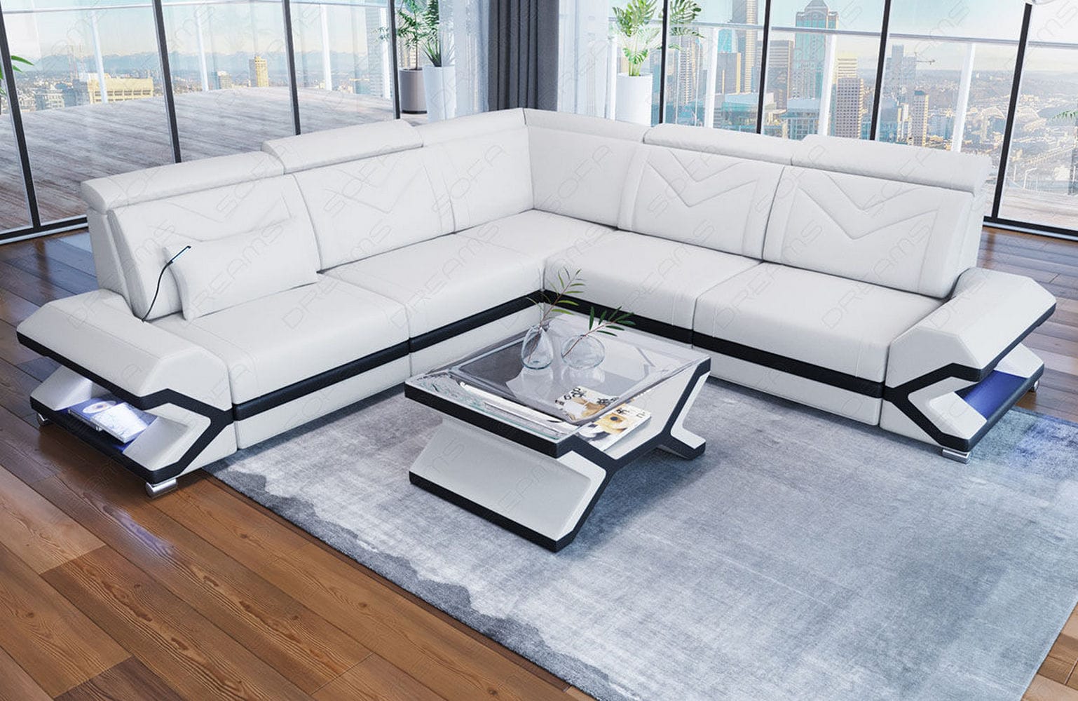 Mini Ecksofa Sorrento – Stilvolles Ledersofa Weiß-Schwarz