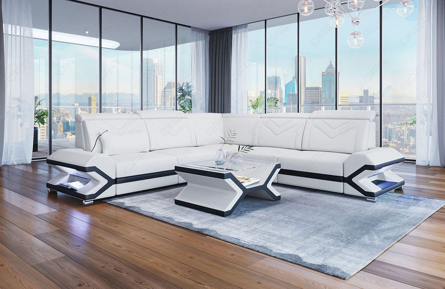 Mini Ecksofa Sorrento – Stilvolles Ledersofa Weiß-Schwarz