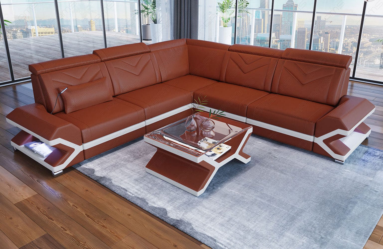 Mini Ecksofa Sorrento – Stilvolles Ledersofa Hellbraun-Weiß