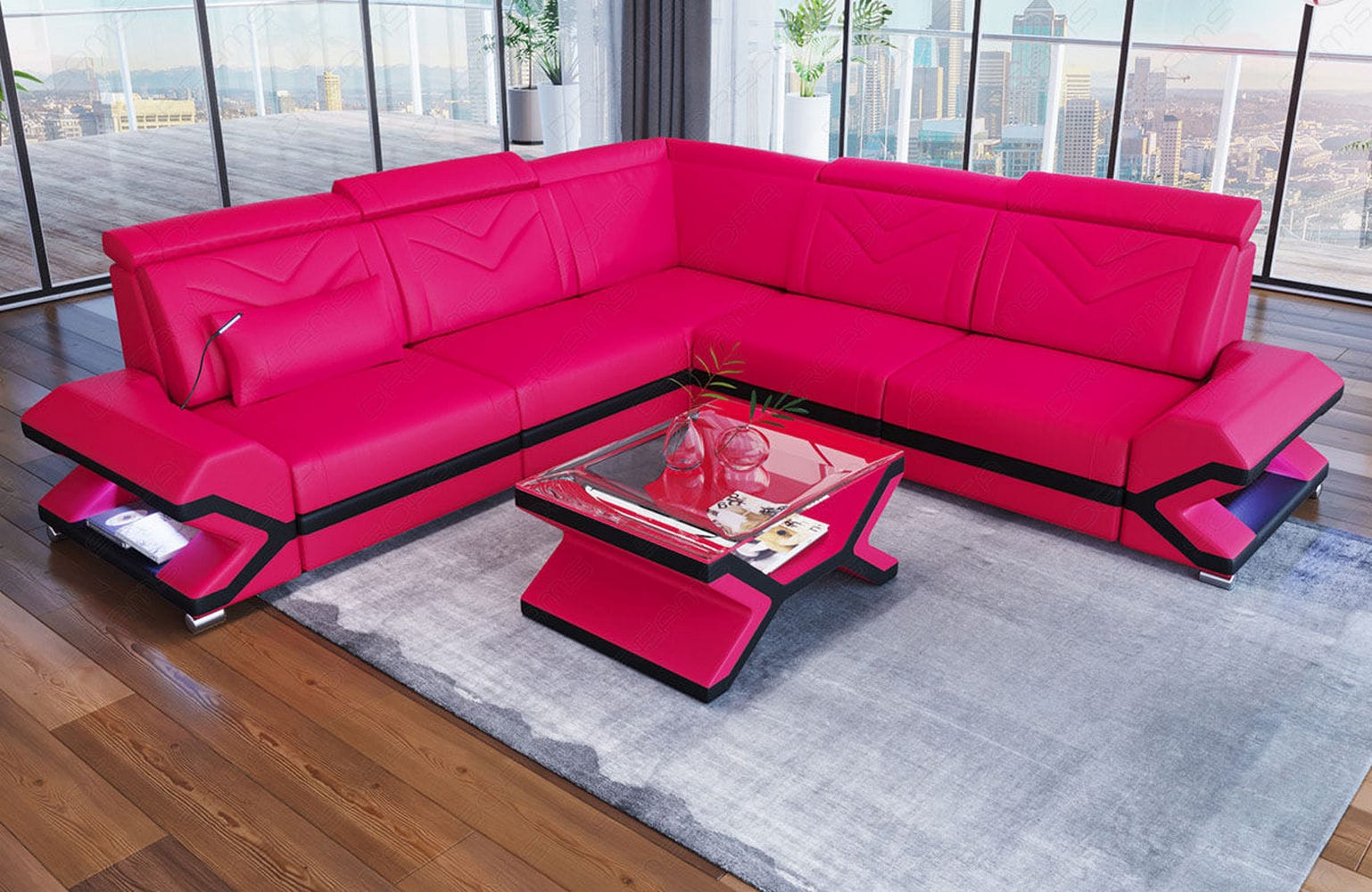 Mini Ecksofa Sorrento – Stilvolles Ledersofa Pink-Schwarz