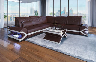 Ecksofa Sorrento L-Form aus Leder dunkelbraun-weiß