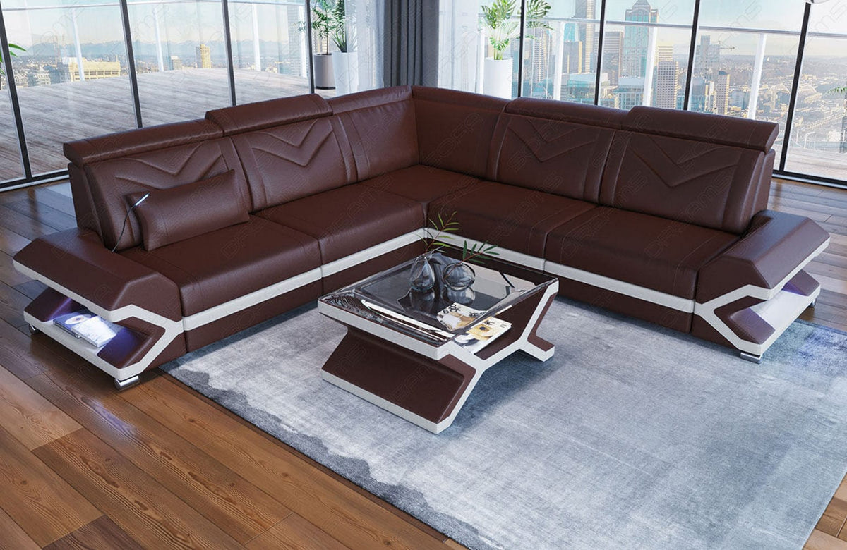 Ecksofa Sorrento L-Form aus Leder dunkelbraun-weiß