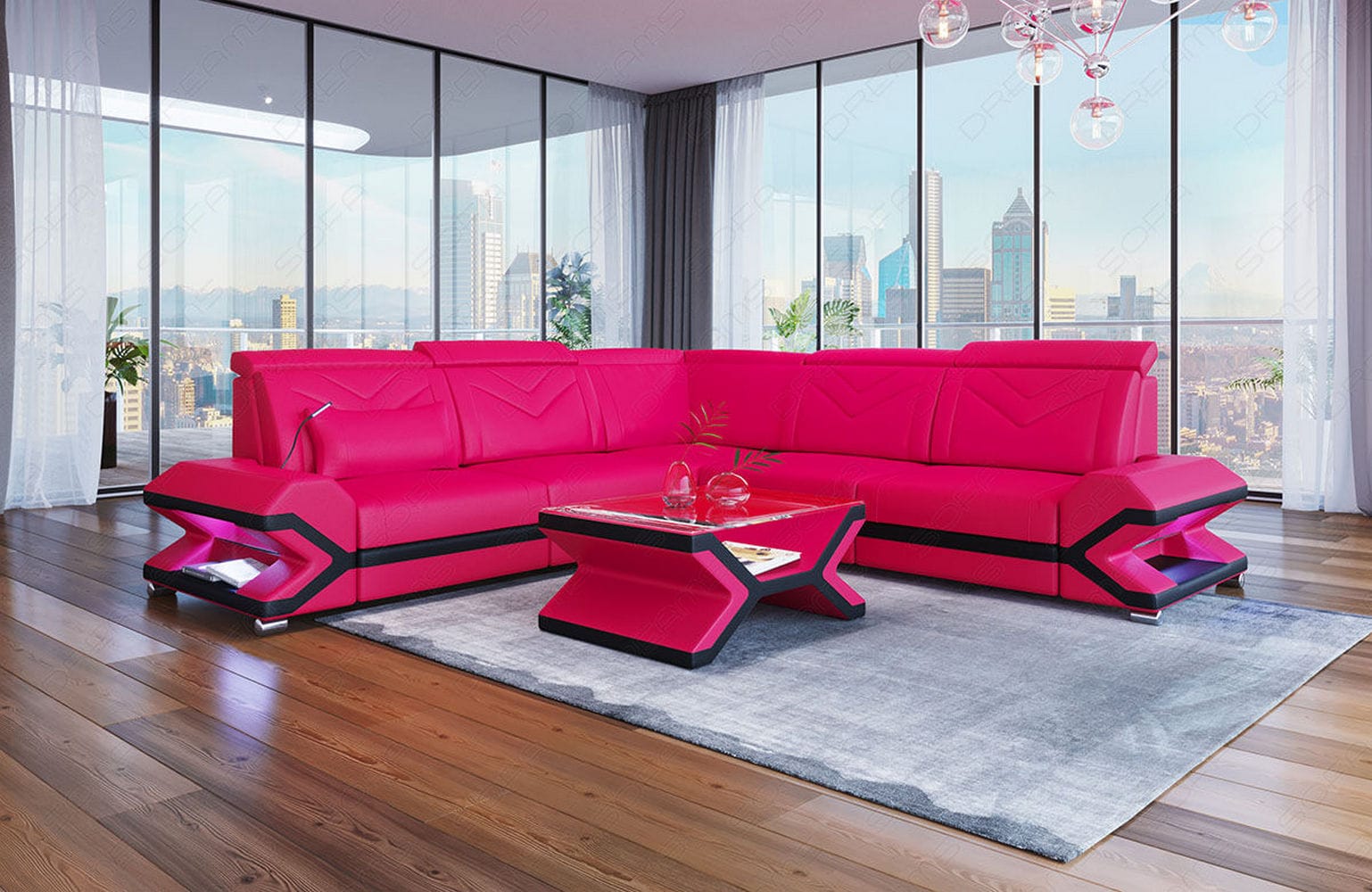 Ecksofa Sorrento – Ledersofa für Ihr Zuhause pink-schwarz