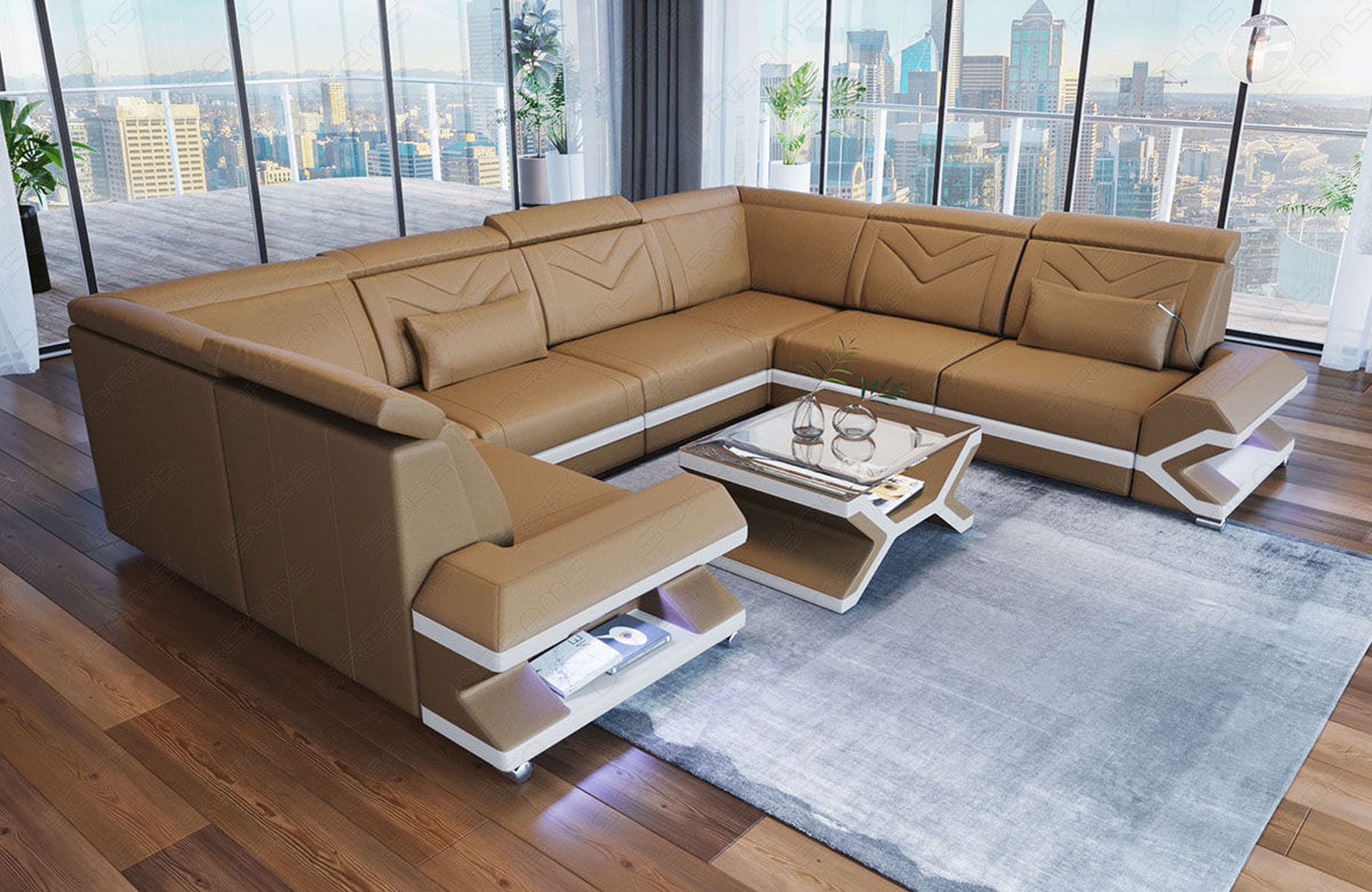 Mini Leder Wohnlandschaft Sorrento – Modern und Stilvoll Sandbeige-Weiß