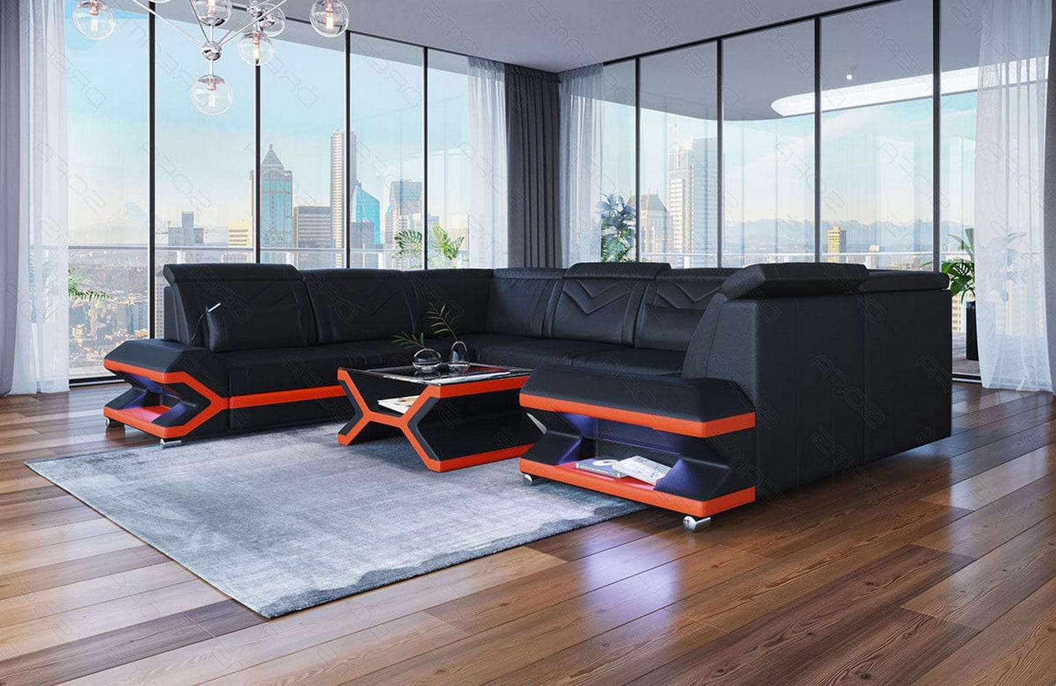 Mini Leder Wohnlandschaft Sorrento – Modern und Stilvoll Schwarz-Orange