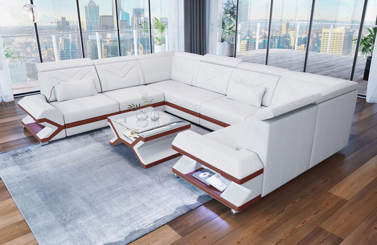 Mini Leder Wohnlandschaft Sorrento – Modern und Stilvoll Weiß-Hellbraun
