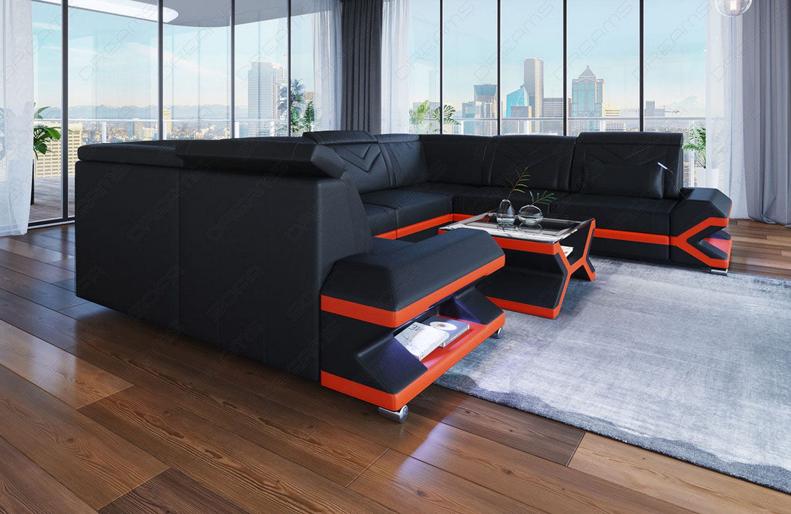 Mini Leder Wohnlandschaft Sorrento – Modern und Stilvoll Schwarz-Orange