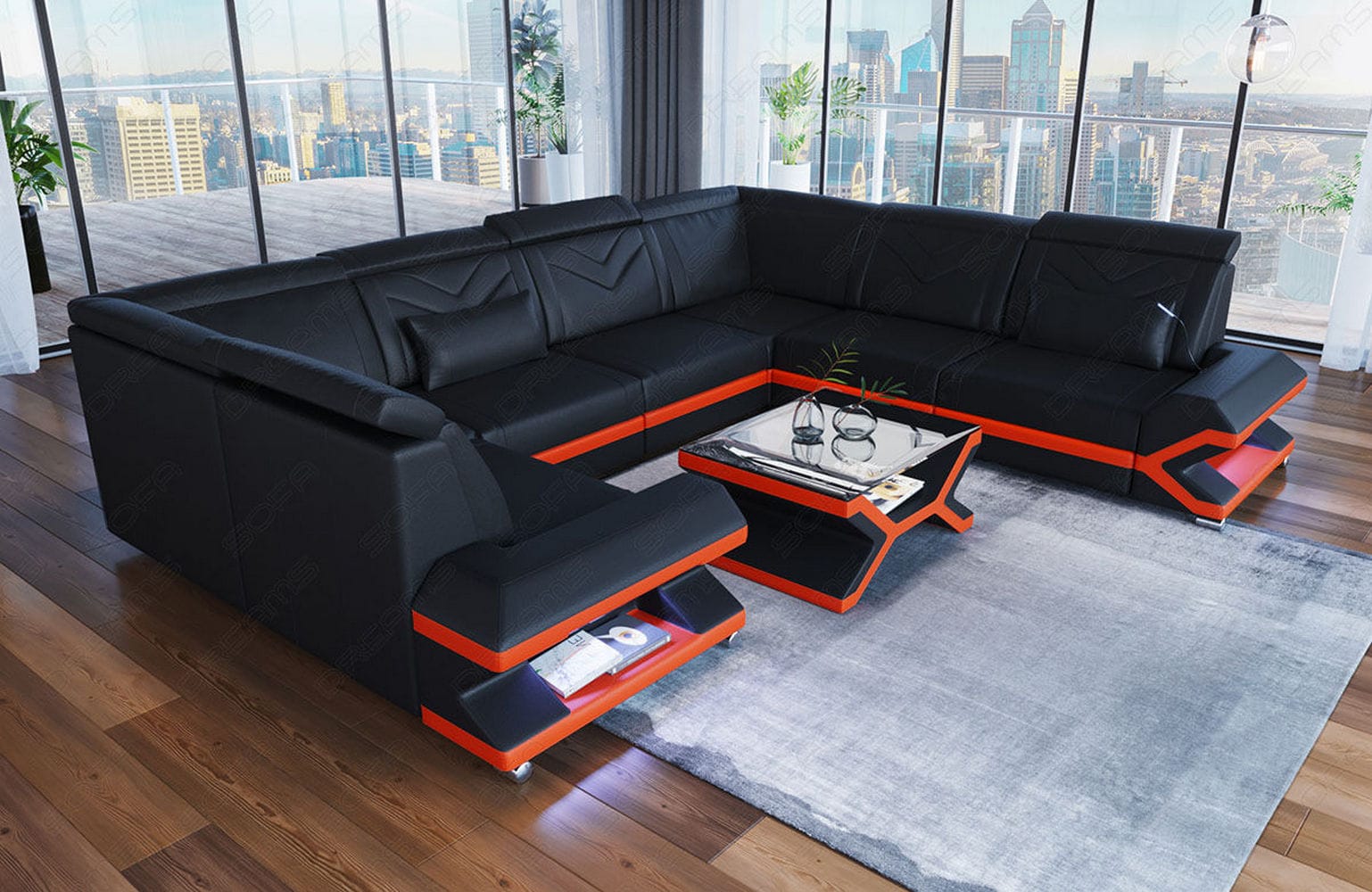Mini Leder Wohnlandschaft Sorrento – Modern und Stilvoll Schwarz-Orange