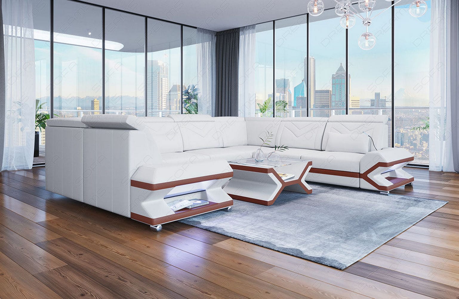 Mini Leder Wohnlandschaft Sorrento – Modern und Stilvoll Weiß-Hellbraun