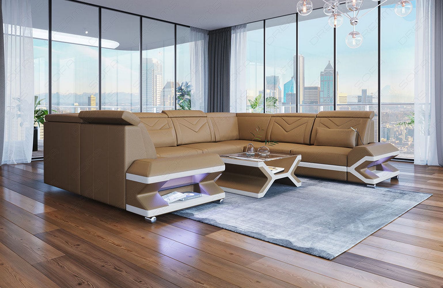 Mini Leder Wohnlandschaft Sorrento – Modern und Stilvoll Sandbeige-Weiß