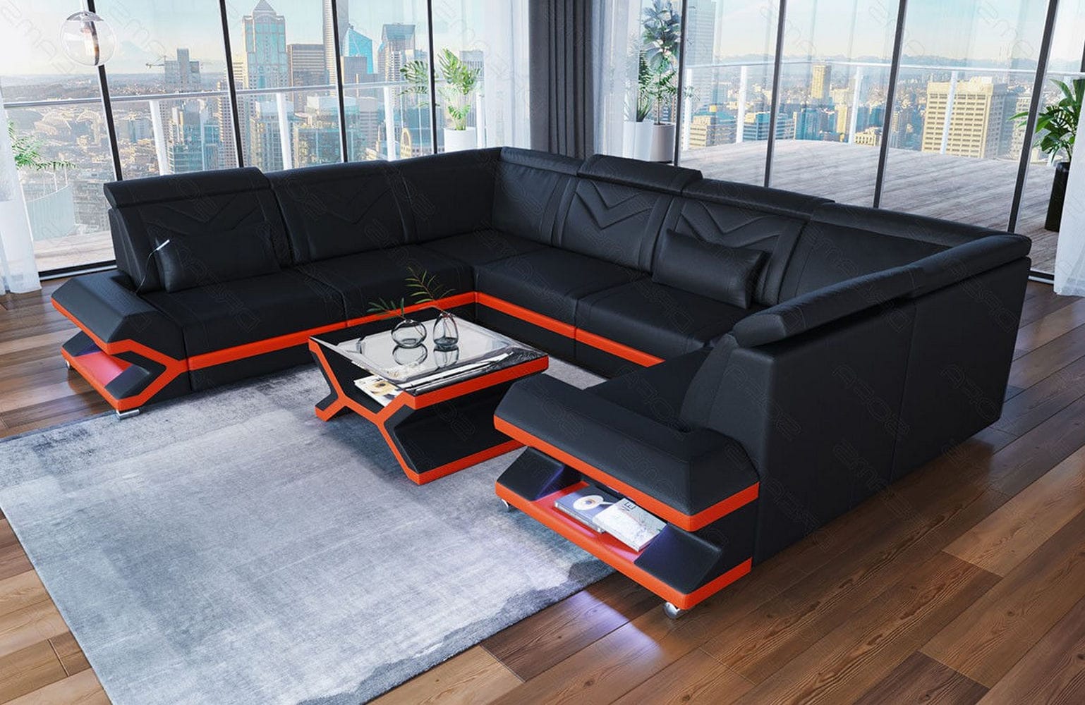 Mini Leder Wohnlandschaft Sorrento – Modern und Stilvoll Schwarz-Orange