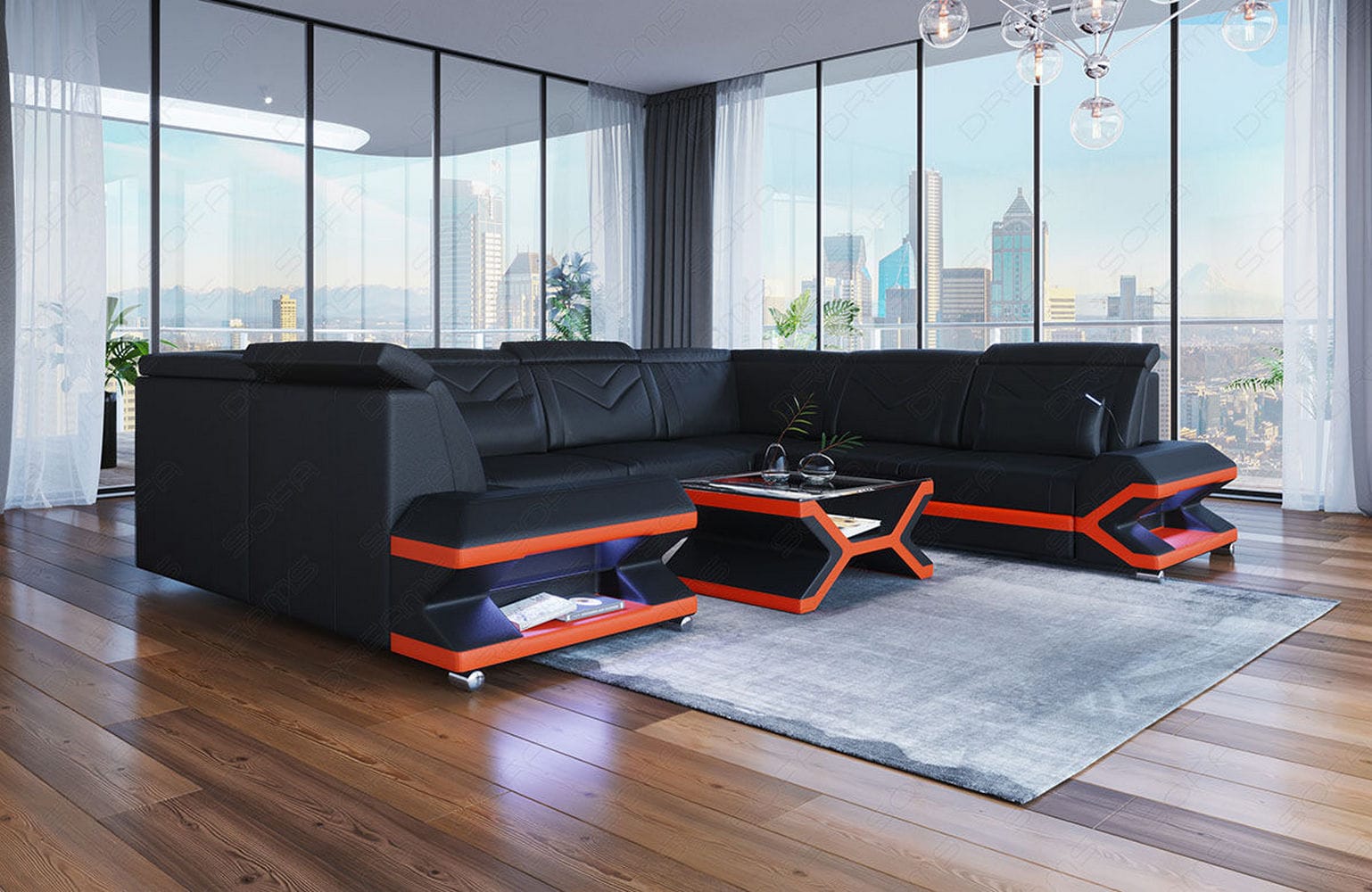 Mini Leder Wohnlandschaft Sorrento – Modern und Stilvoll Schwarz-Orange
