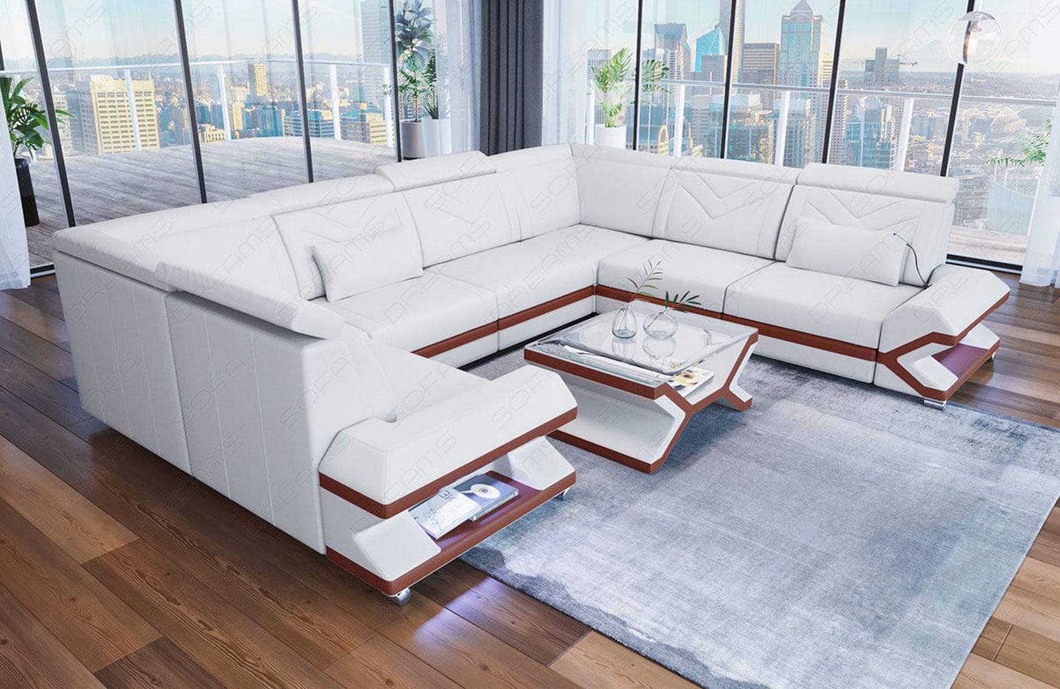 Mini Leder Wohnlandschaft Sorrento – Modern und Stilvoll Weiß-Hellbraun