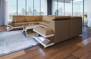Designsofa Sorrento U-Form aus Leder sandbeige-weiß