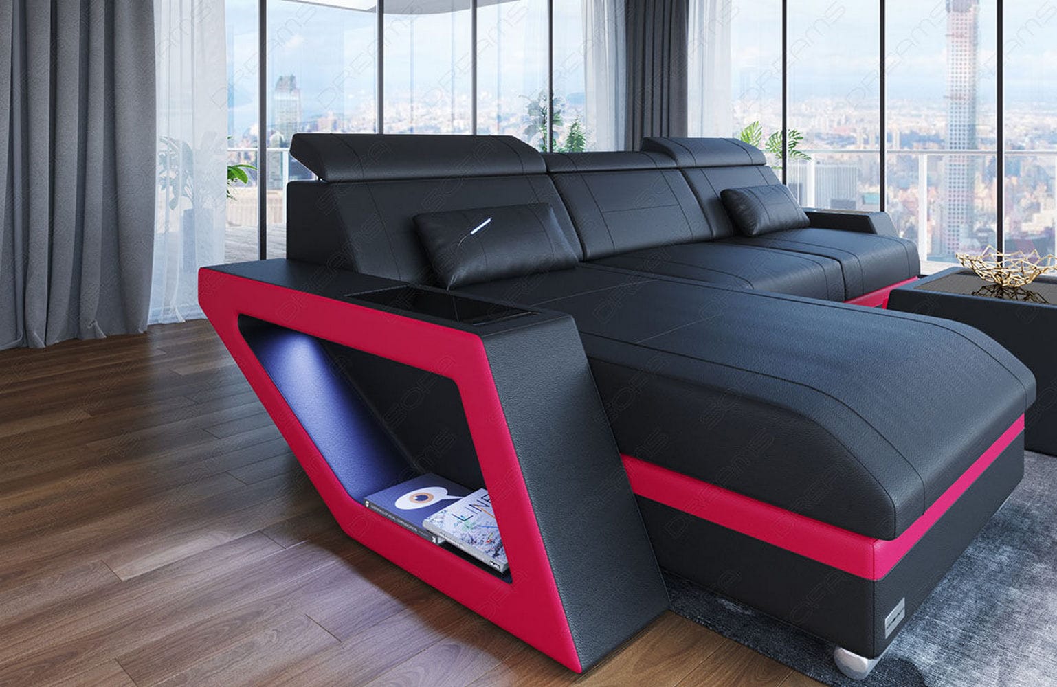 Ecksofa Catania – Eleganz in Leder schwarz-pink