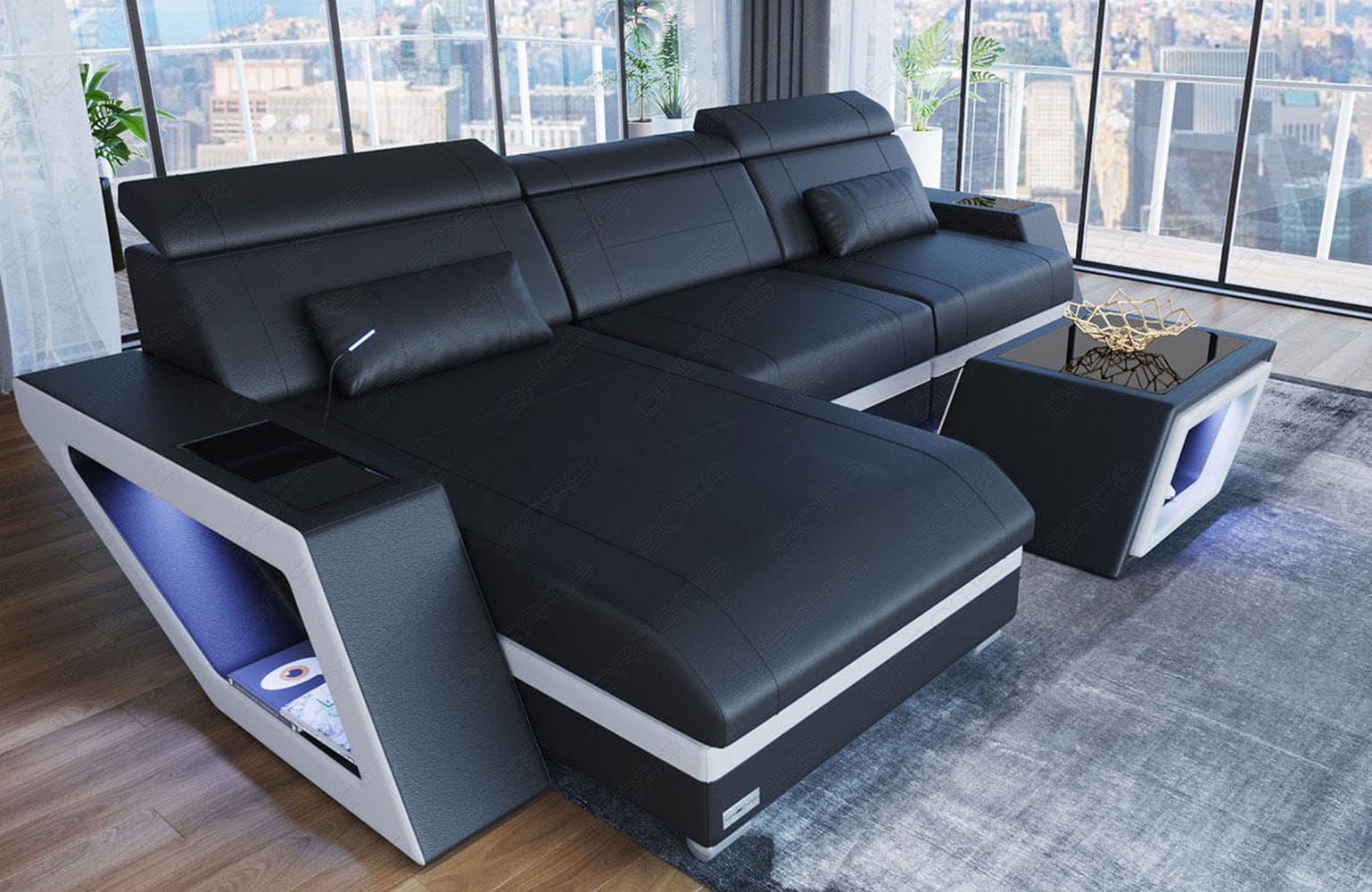 Ecksofa Catania – Eleganz in Leder schwarz-weiß