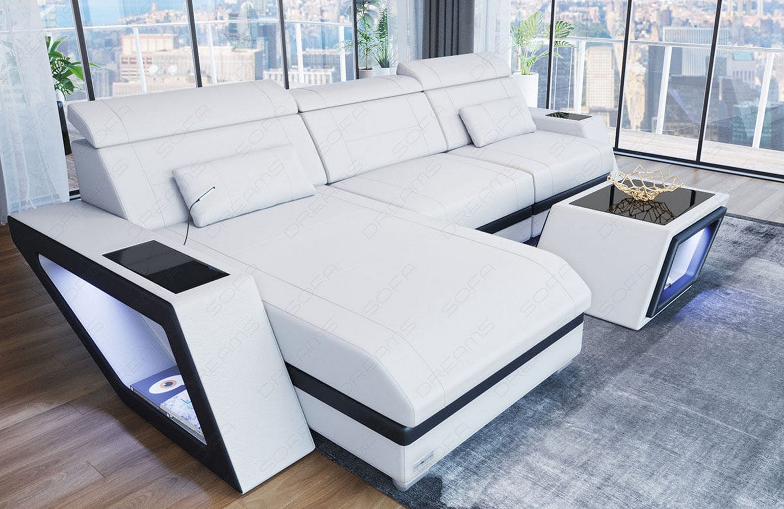 Ecksofa Catania – Eleganz in Leder weiß-schwarz