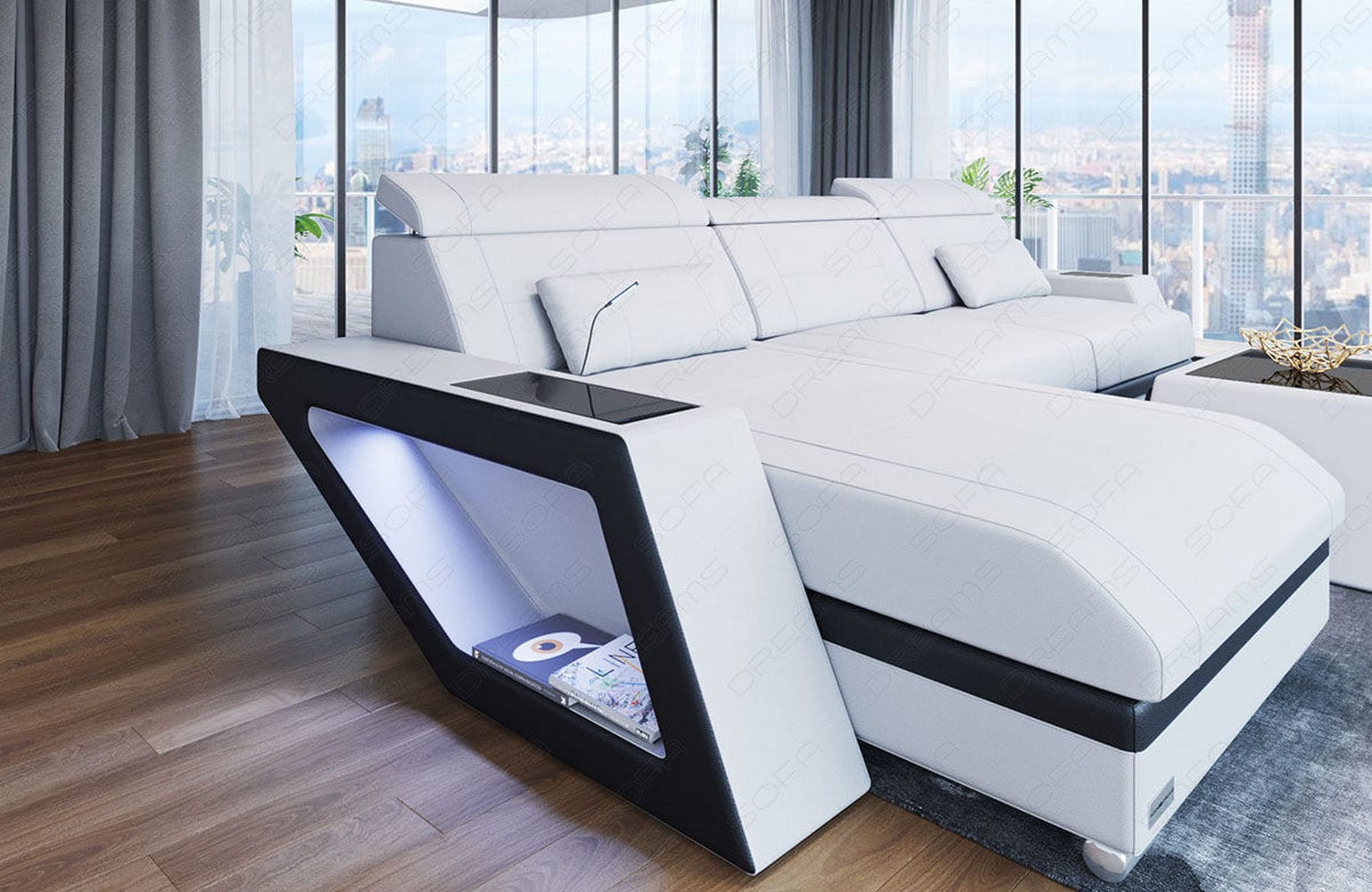 Ecksofa Catania – Eleganz in Leder weiß-schwarz