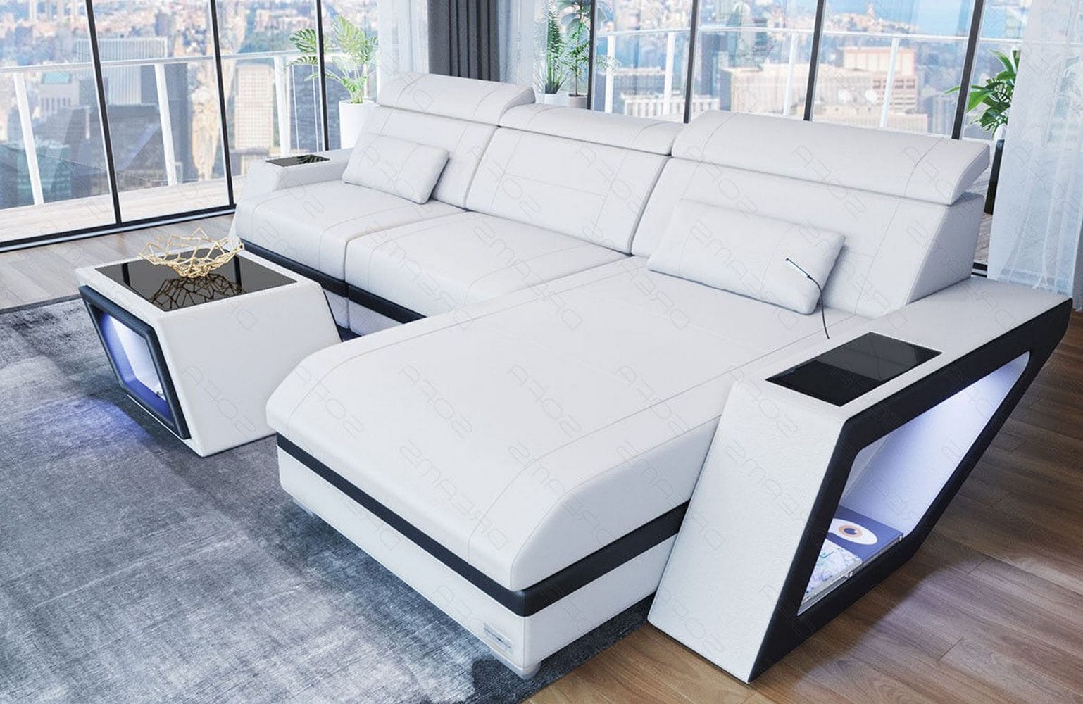 Ecksofa Catania – Eleganz in Leder weiß-schwarz