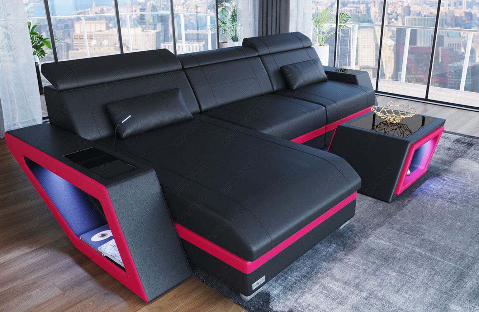 Ecksofa Catania – Eleganz in Leder schwarz-pink