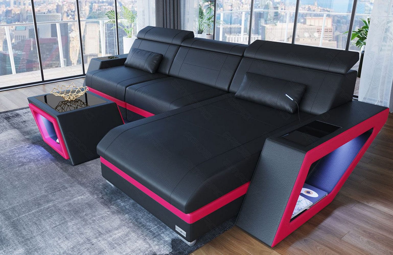 Ecksofa Catania – Eleganz in Leder schwarz-pink