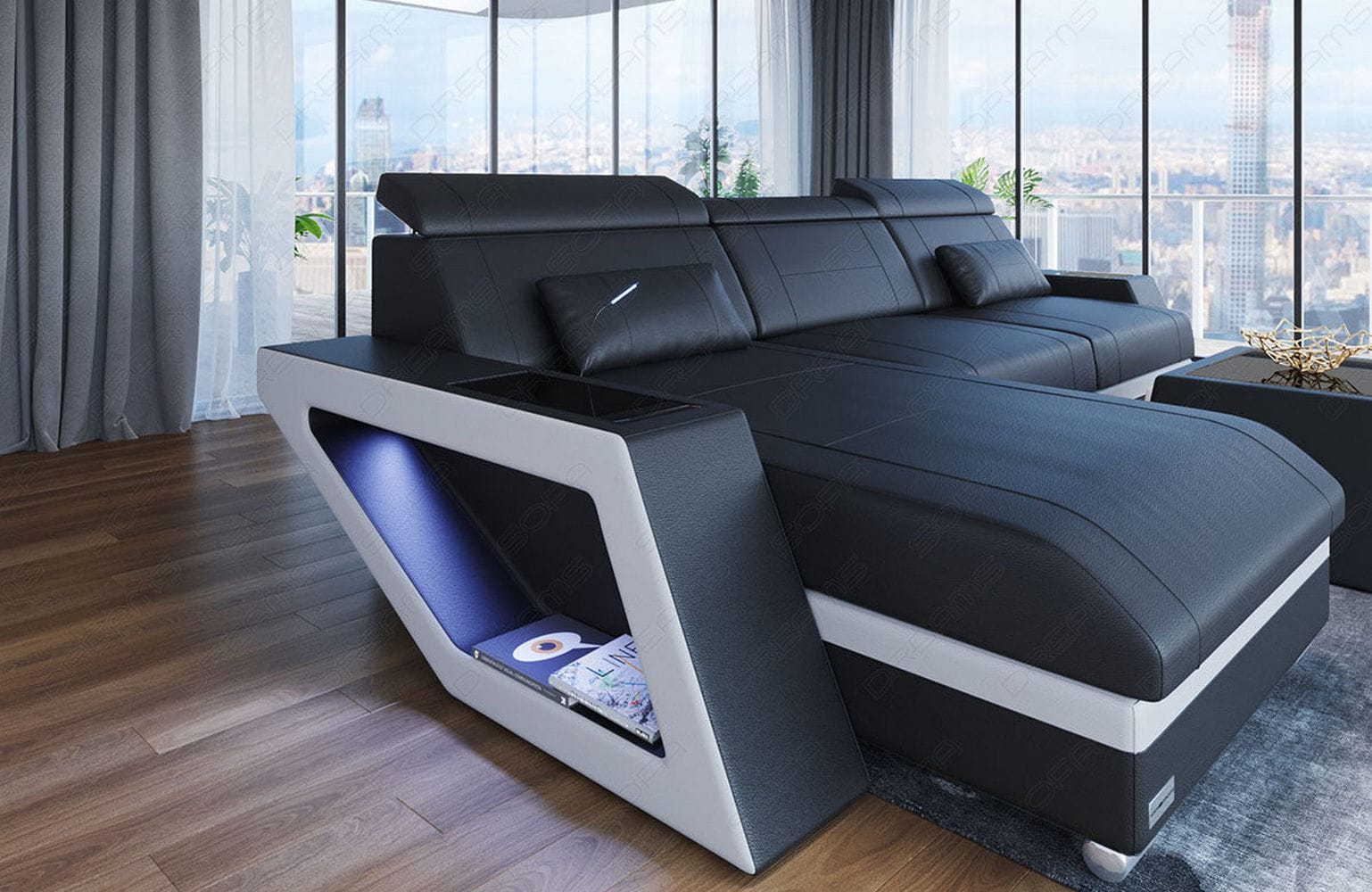Ecksofa Catania – Eleganz in Leder schwarz-weiß