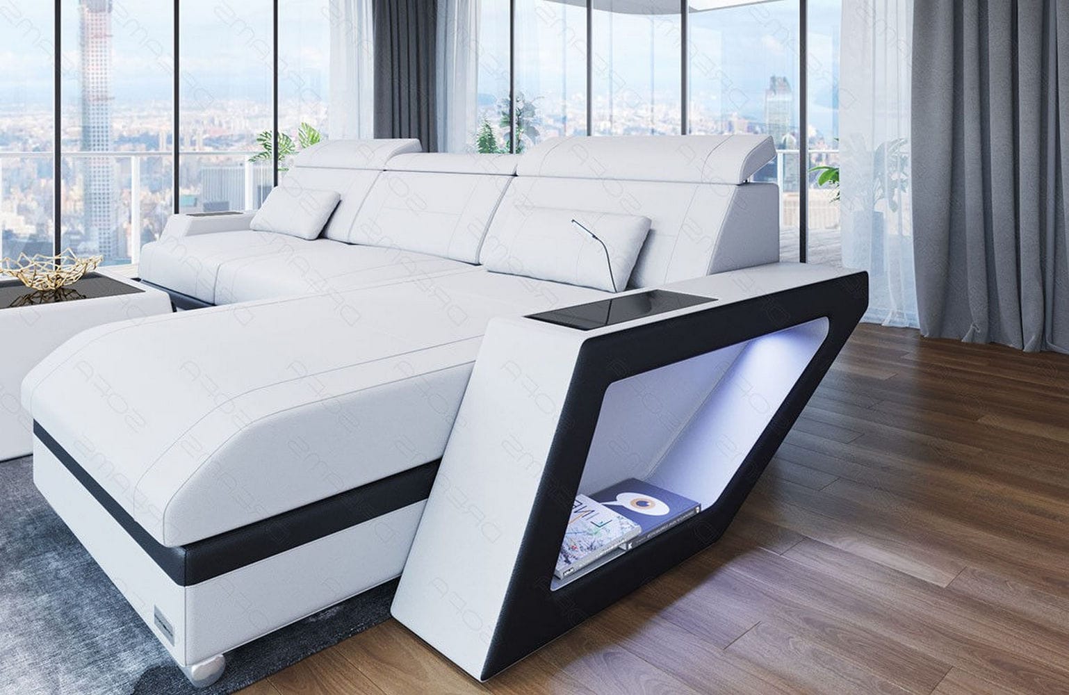 Ecksofa Catania – Eleganz in Leder weiß-schwarz