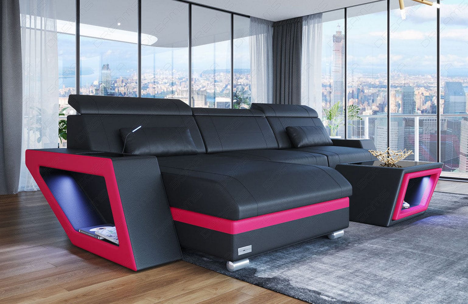 Ecksofa Catania – Eleganz in Leder schwarz-pink