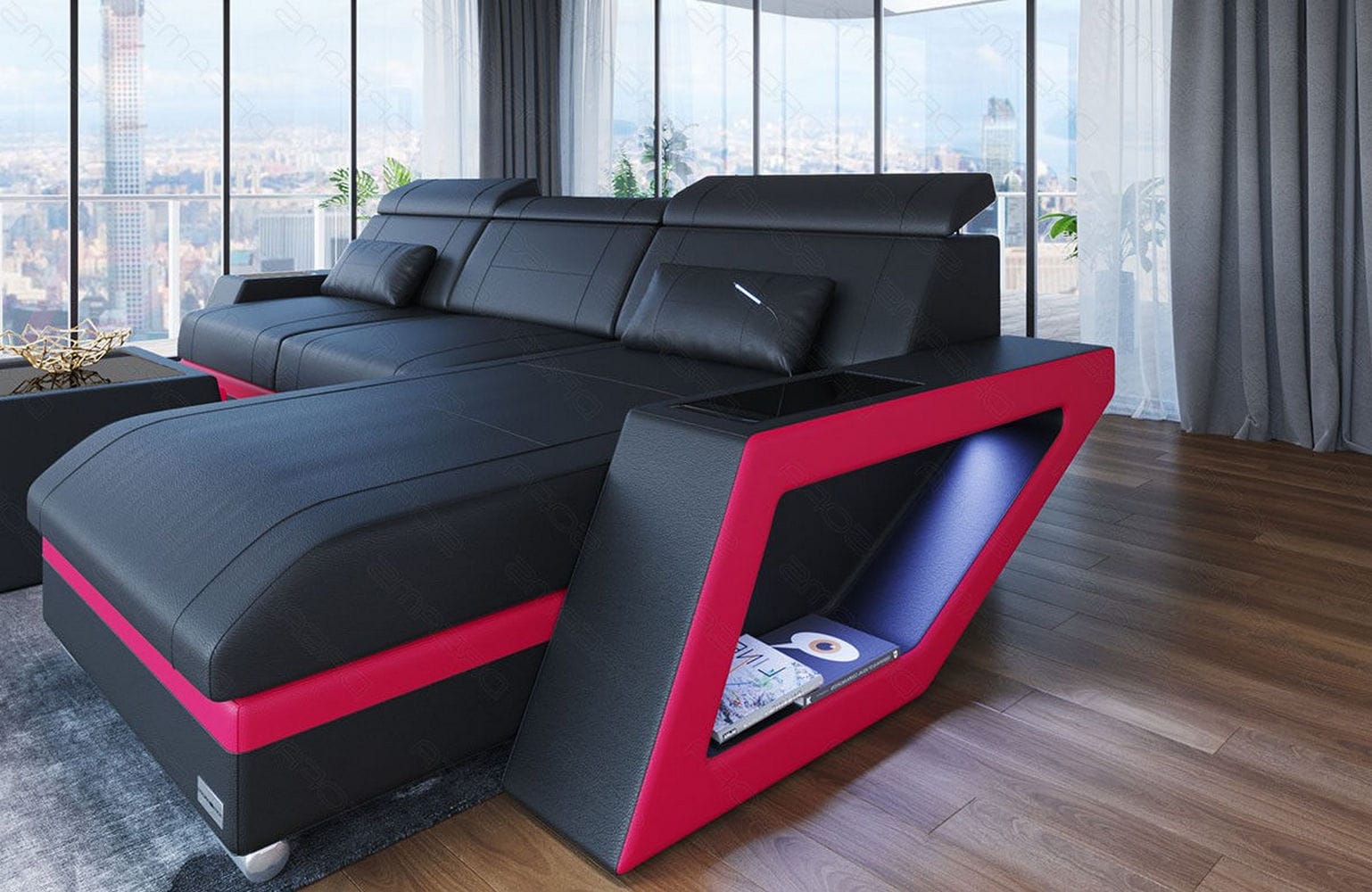 Ecksofa Catania – Eleganz in Leder schwarz-pink