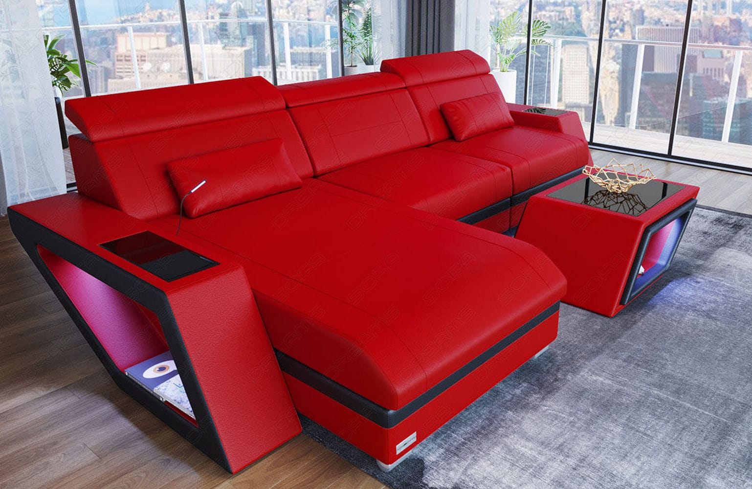 Ecksofa Catania – Eleganz in Leder rot-schwarz