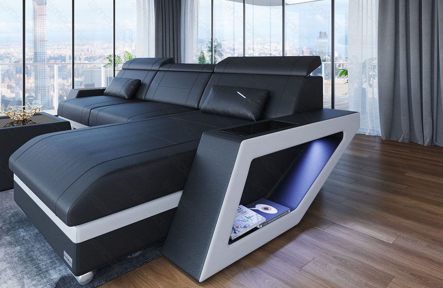 Ecksofa Catania – Eleganz in Leder schwarz-weiß