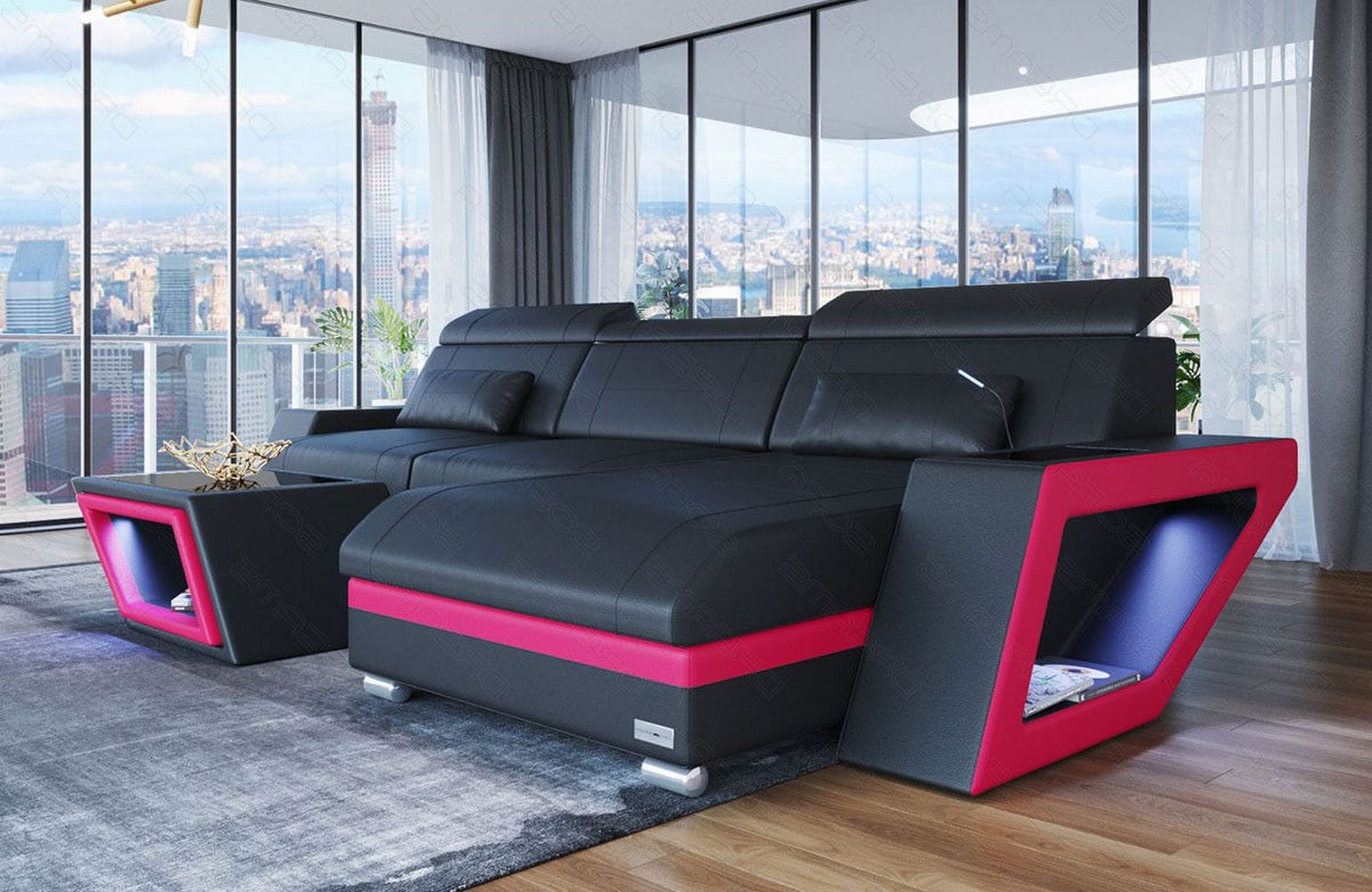 Ecksofa Catania – Eleganz in Leder schwarz-pink