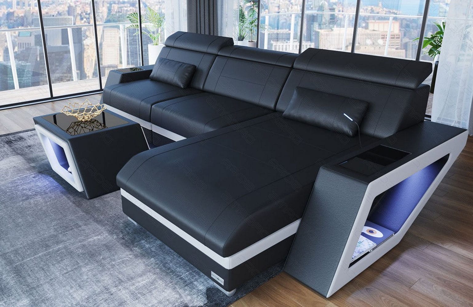 Ecksofa Catania – Eleganz in Leder schwarz-weiß