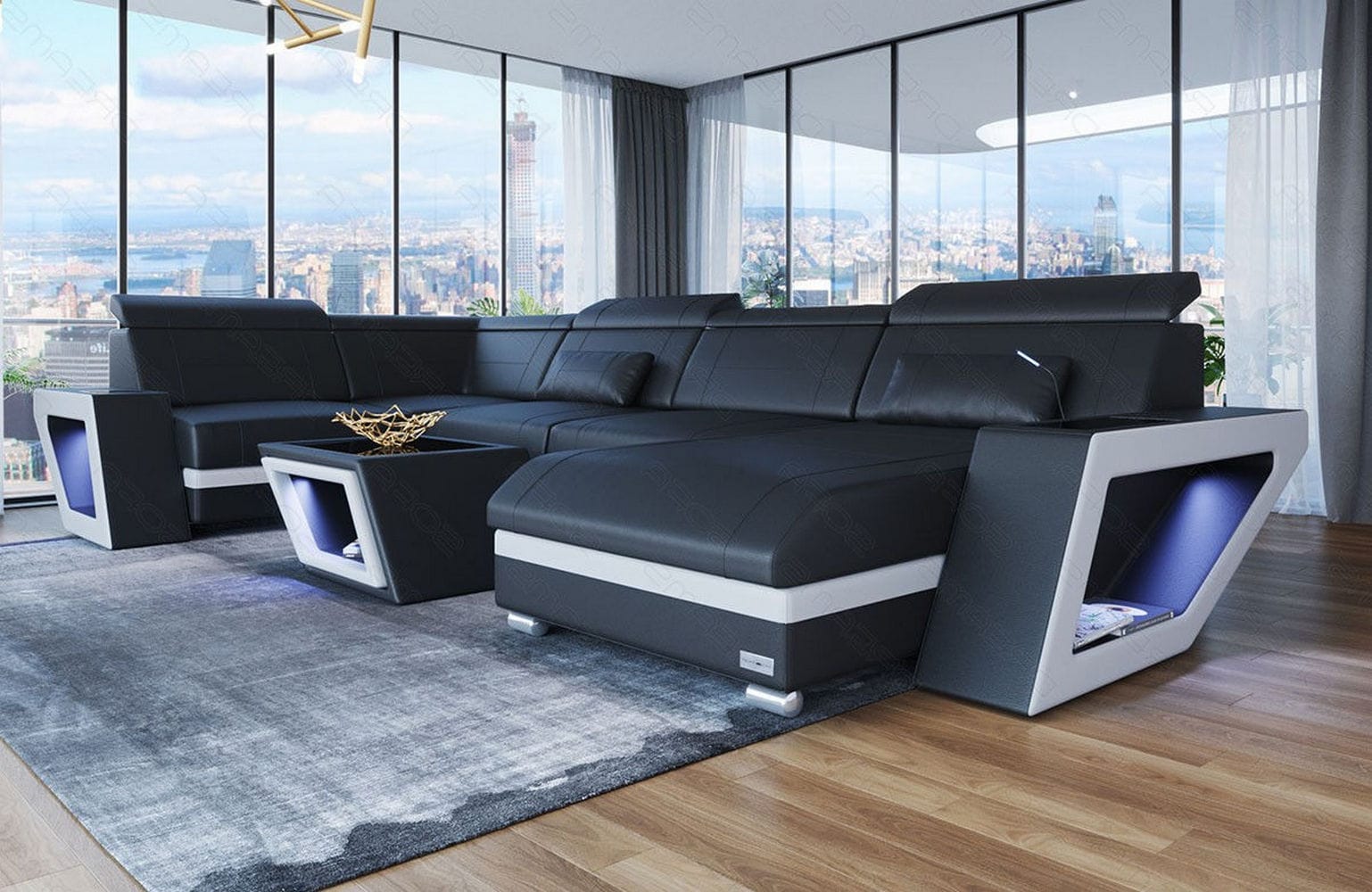 Mini Sofa Catania Eleganz U-Form aus Leder Schwarz-Weiß