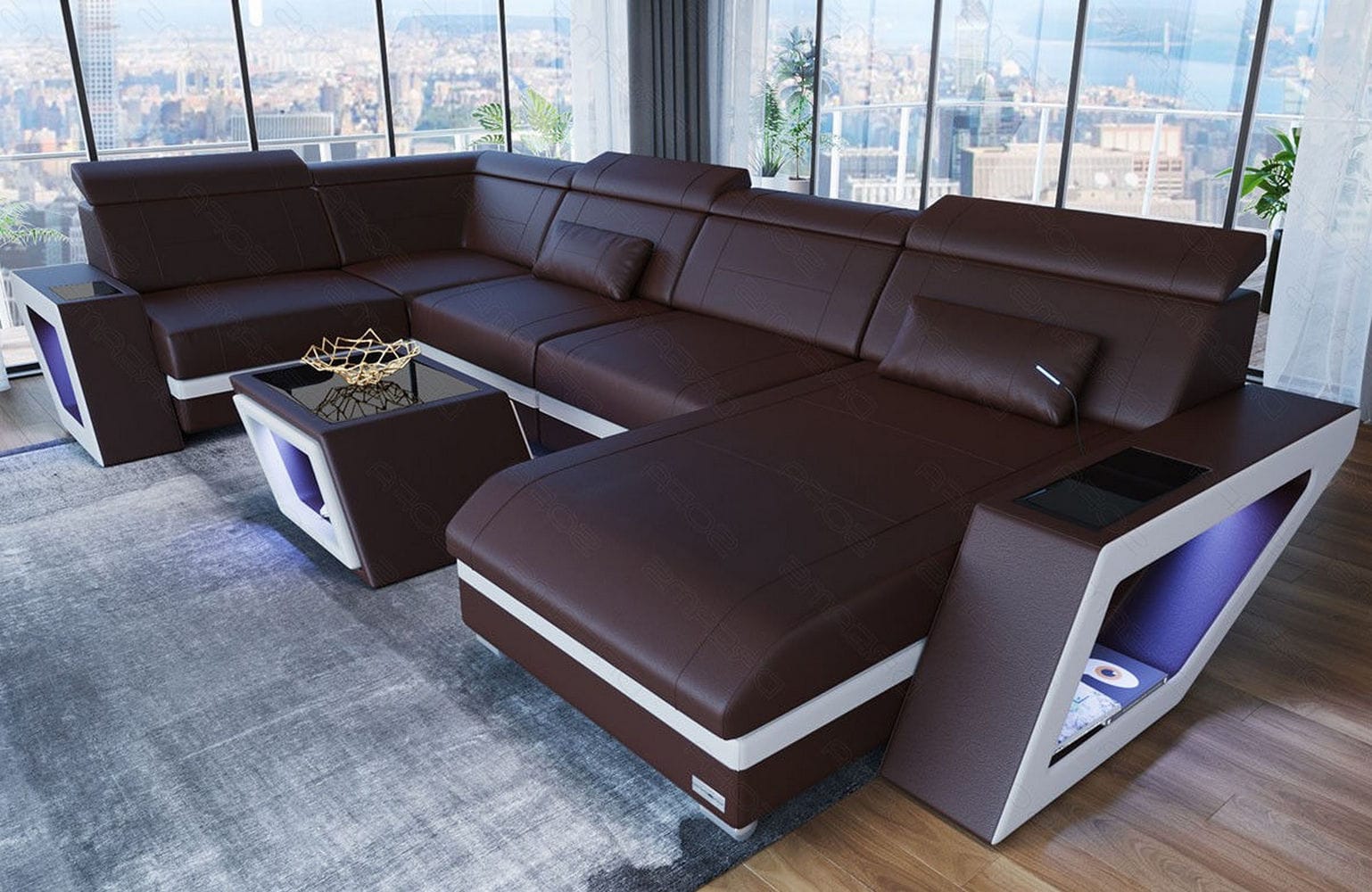Leder Wohnlandschaft Catania – Modern & Bequem dunkelbraun-weiß