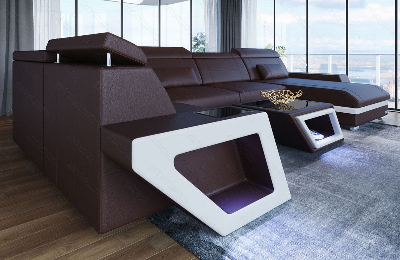 Leder Wohnlandschaft Catania – Modern & Bequem dunkelbraun-weiß